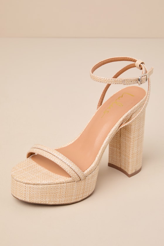Shop Lulus Brocktan Natural Raffia Platform Ankle Strap High Heel Sandals In Beige