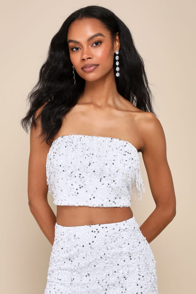 White Beaded Sequin Strapless Crop Top | Womens | X-Large (Available in L) | 100% Polyester | Lulus