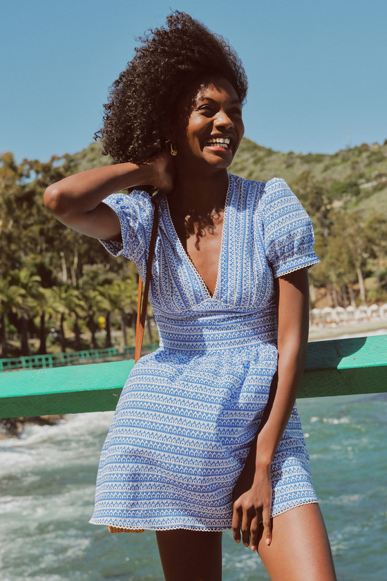 Blue and White Mini Dress - Puff Sleeve Dress - Geo Print Dress - Lulus