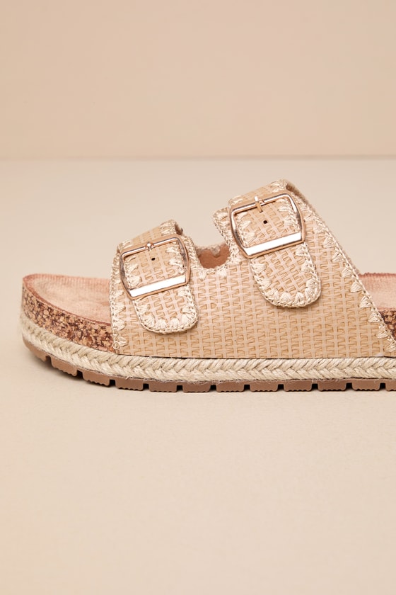 Shop Lulus Dalair Natural Raffia Embroidered Buckled Flatform Slide Sandals In Brown