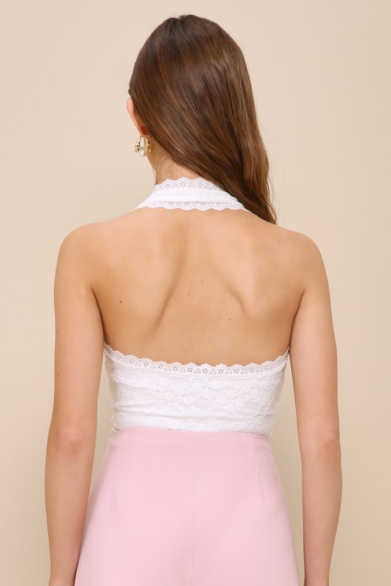Shop Lulus Charming Date White Lace Tie-front Halter Bodysuit