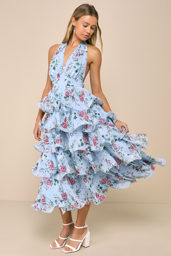 Light Blue Floral Dress Halter Midi Dress Tiered Midi Dress Lulus 9450