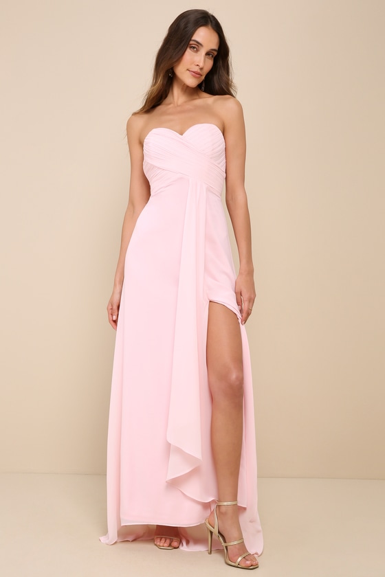 Splendid Aura Light Pink Chiffon Pleated Strapless Maxi Dress