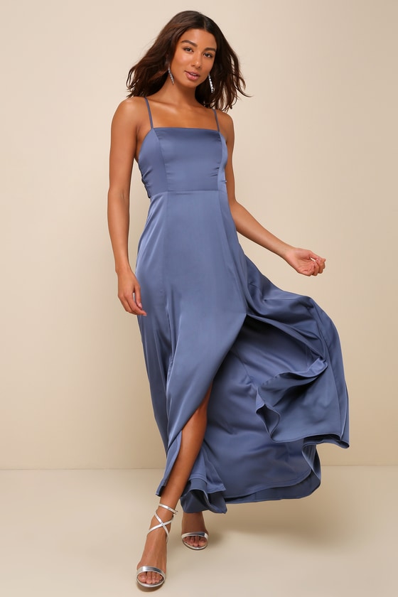 Lulus Serene Sensation Slate Blue Satin Bow Sleeveless Maxi Dress