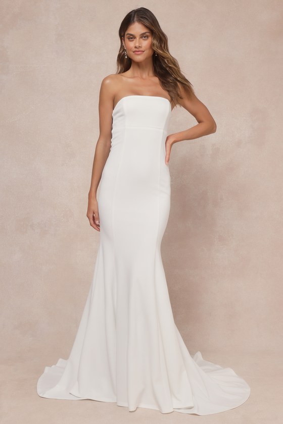 Lulus Perfectly Romantic White Strapless Bow Mermaid Maxi Dress