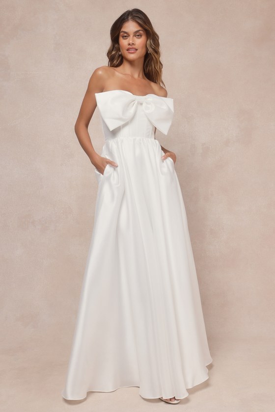 Lulus Refined Extravagance White Taffeta Bow Maxi Dress With Pockets