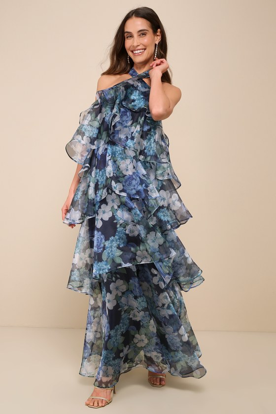Lulus Unforgettable Grace Navy Blue Floral Tiered Halter Maxi Dress