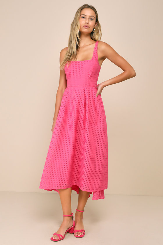 Lulus Definitely Stunning Hot Pink Gingham Burnout Midi Dress