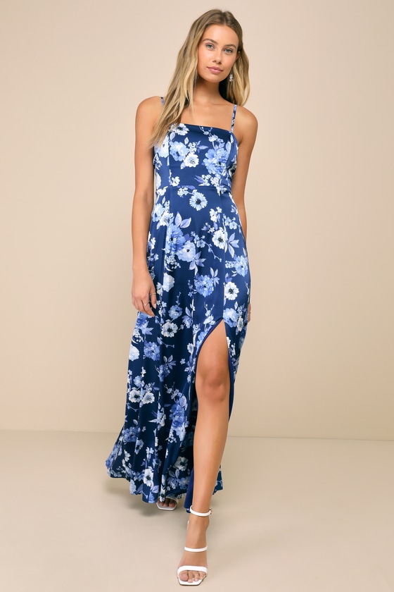 Navy Blue Floral Gown - Satin Floral Gown - Tie-Back Maxi Dress - Lulus