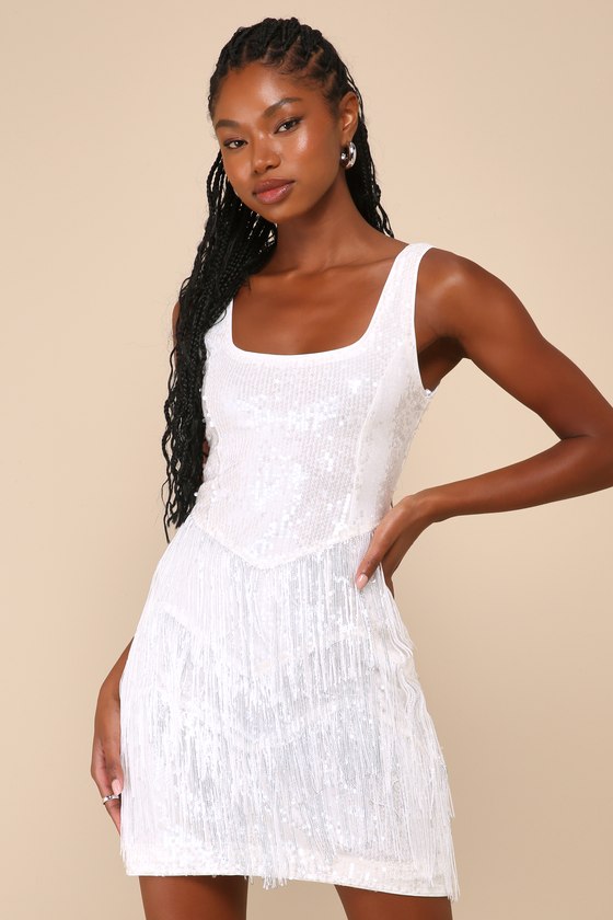 Lulus Limelight Love White Sequin Fringe Bodycon Mini Dress