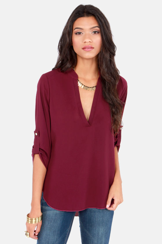 Cute Burgundy Top V Neck Top Burgundy Blouse 36 00 Lulus