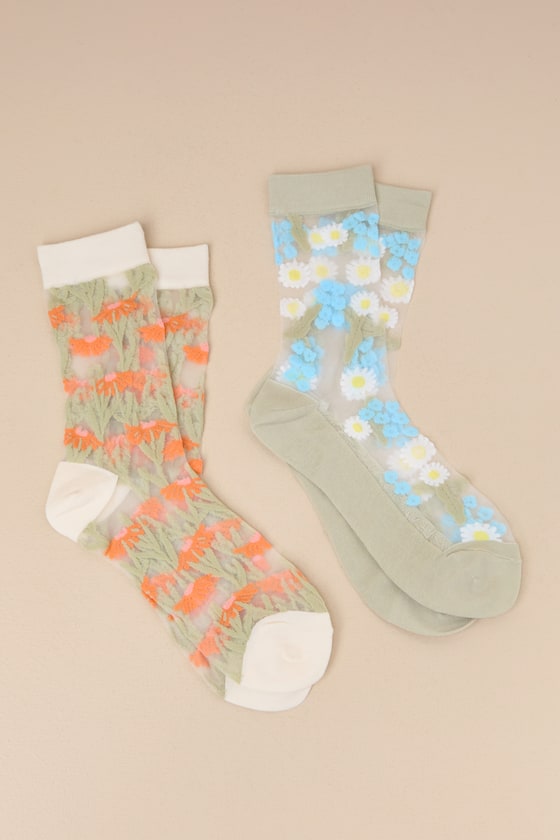 Sheer Floral Socks - Floral Embroidered Socks - Two-Pack Socks - Lulus