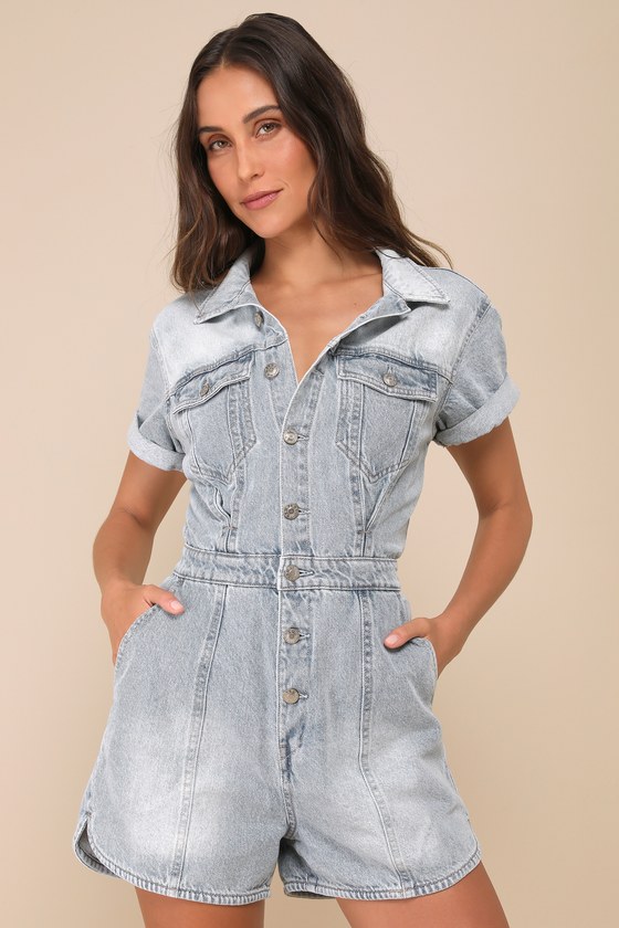 DAZE Denim Topanga - Light Wash Denim Romper - Collared Romper - Lulus