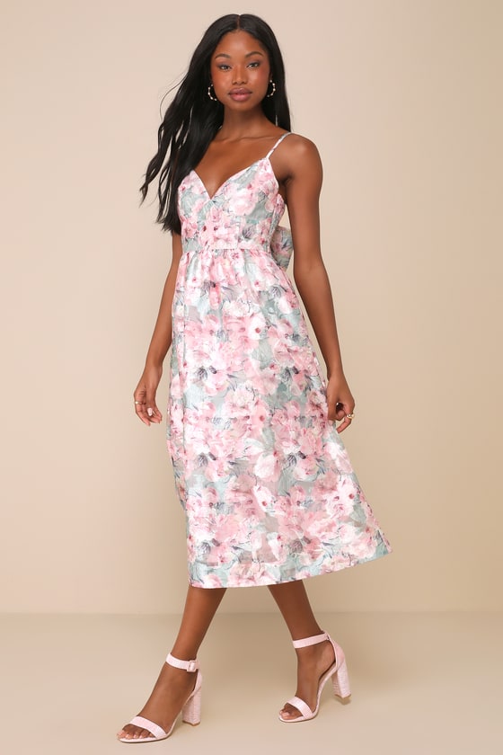 Lulus Captivating Darling Green And Pink Floral Bow Midi Dress