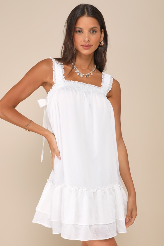 Lulus Sensationally Precious White Bow Ruffled Mini Shift Dress