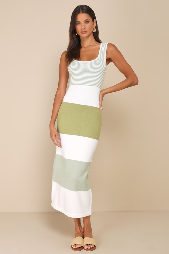 Lulus Easily Gorgeous Ivory And Sage Green Striped Midi Sweater Dress