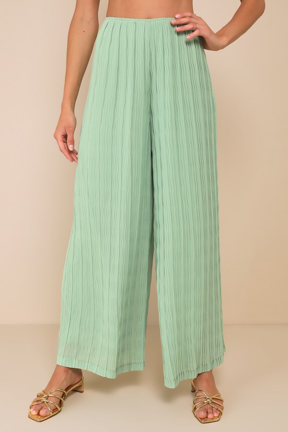 Shop Lulus Pristine Presence Sage Plisse High-waisted Wide-leg Pants In Green