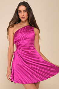 Constantly Poised Magenta Satin Pleated One-Shoulder Mini Dress