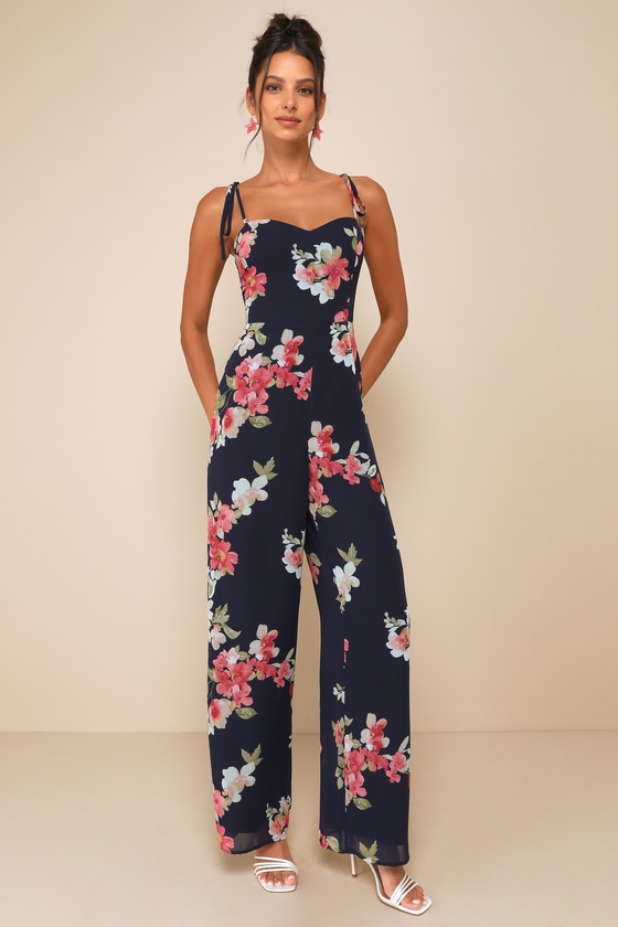 Navy Blue Floral Jumpsuit - Tie-Strap Jumpsuit - Cute Jumpsuit - Lulus