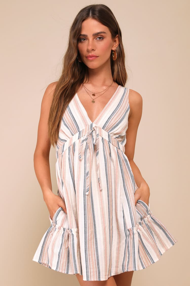 Cream Striped Mini Dress - Dress With Pockets - Sleeveless Dress - Lulus