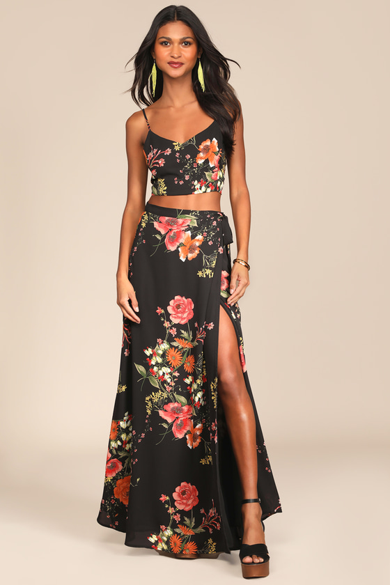 Black Floral Print 2 Piece Dress 2 Piece Maxi Wrap Maxi Dress Lulus