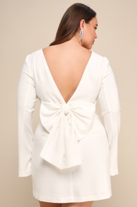 Elegant Cutie Ivory Bow Long Sleeve Backless Mini Dress
