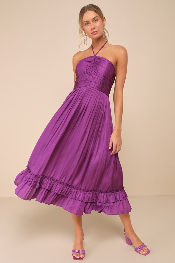 Lulus Pleasing Chicness Purple Satin Halter Tiered Midi Dress