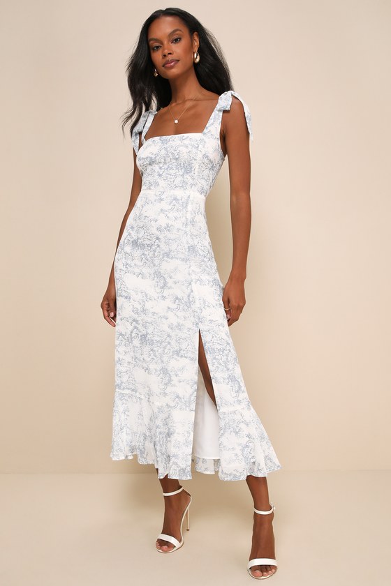 Image of Summer Invite White and Blue Toile Tie-Strap Tiered Midi Dress