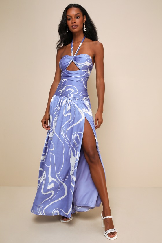 Ultimate Desire Periwinkle Abstract Print Satin Maxi Dress