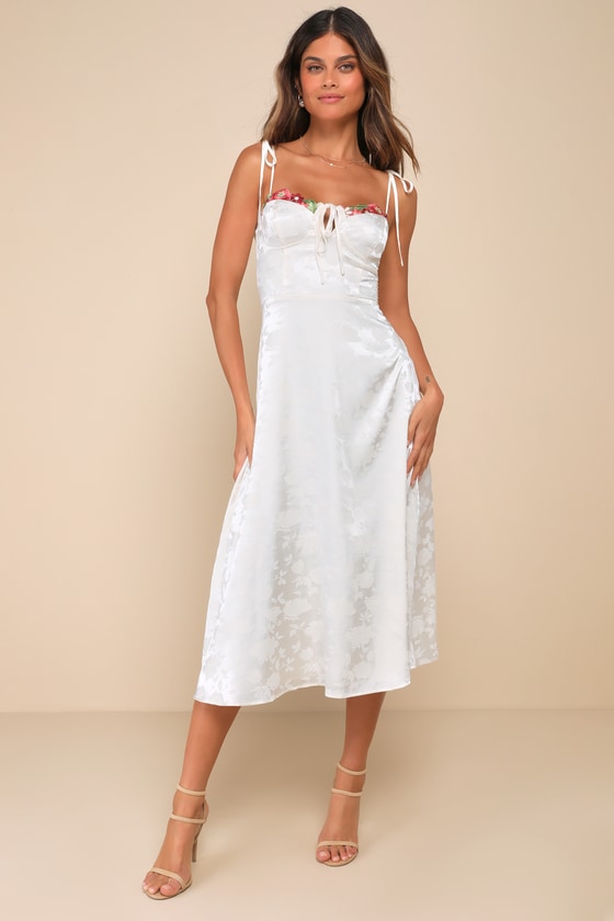 Lulus Ethereal Muse Cream Satin Jacquard Embroidered Midi Dress In White