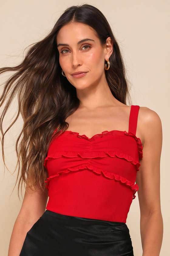 Red Mesh Bodysuit - Ruffled Bodysuit - Cute Sleeveless Bodysuit - Lulus