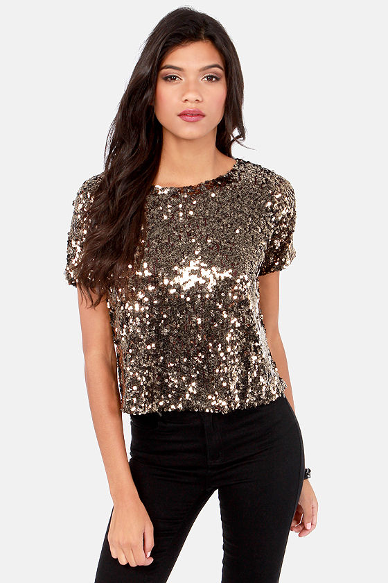 Pretty Gold Top - Sequin Top - Short Sleeve Top - $63.00 - Lulus