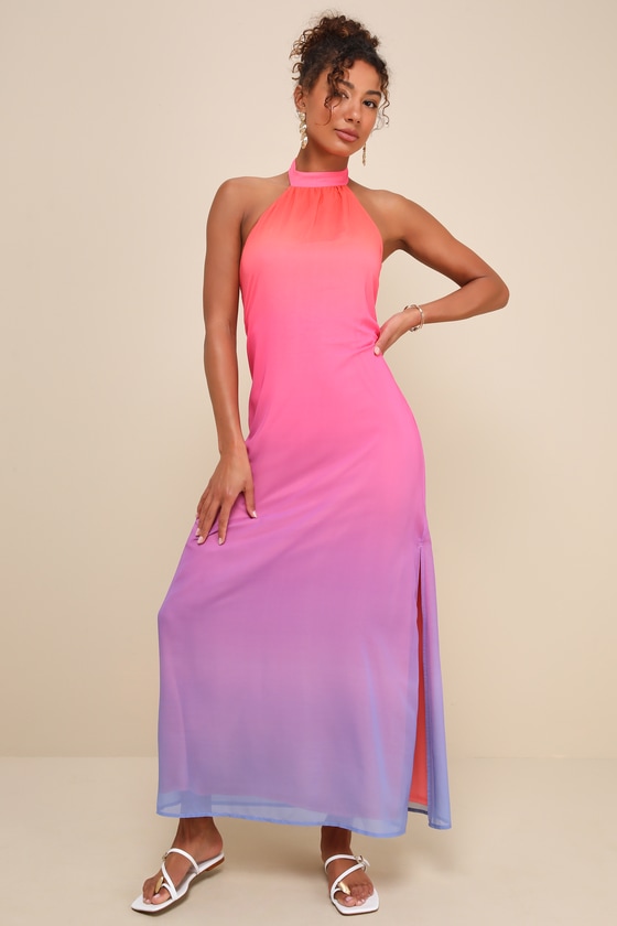 Lulus Vivid Moment Pink Ombre Backless Halter Maxi Dress