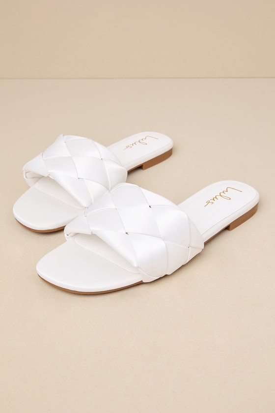 White Slide Sandals - Satin Woven Sandals - Cute Slide Sandals - Lulus