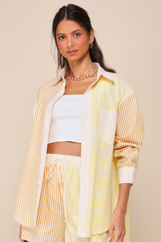 Lulus Remarkably Adorable Yellow Multi Striped Patchwork Button-up Top
