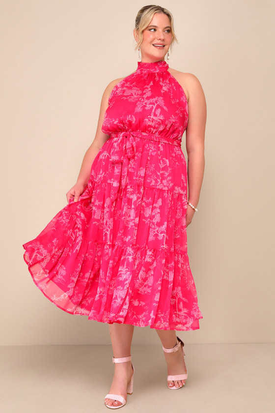 Float to You Hot Pink Floral Print Halter Neck Tiered Midi Dress