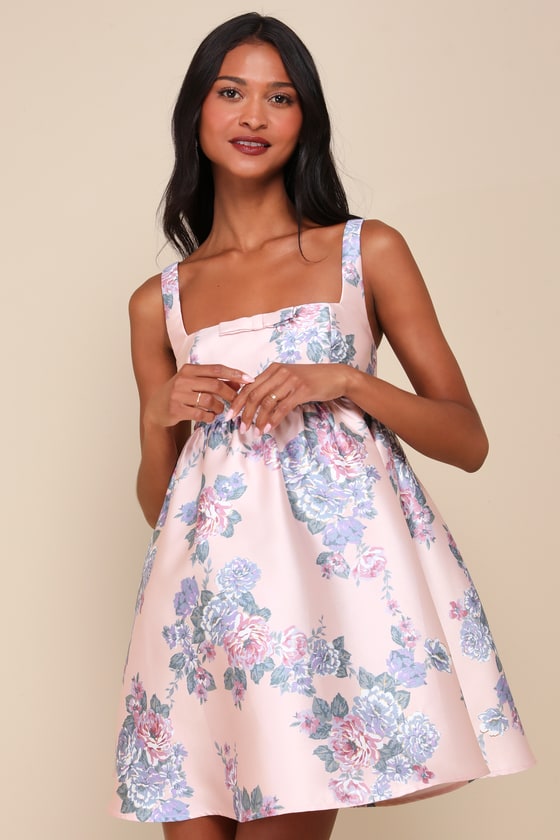 Pink Floral Bow Dress - Empire Waist Dress - Mini Bow Dress - Lulus