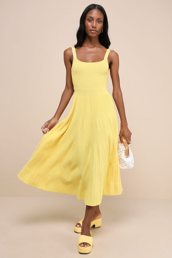 Iconic Ways Yellow Ribbed Sleeveless Tiered Sweater Midi Dress