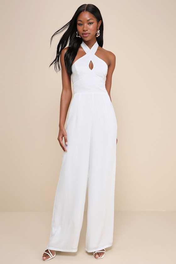 White Satin Jumpsuit - Cross-Front Jumpsuit - Halter Jumpsuit - Lulus