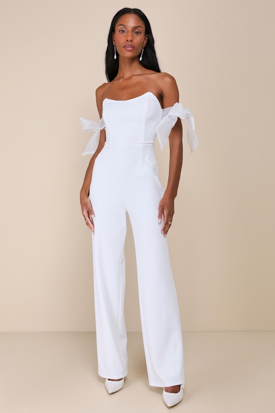 White Jumpsuit - Off-The-Shoulder Jumpsuit - Tie-Strap Jumpsuit - Lulus