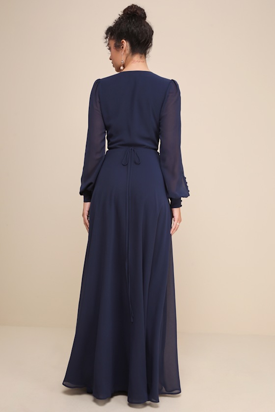 Dark Navy Blue Maxi Dress - Wrap Dress - Long Sleeve Dress - Lulus