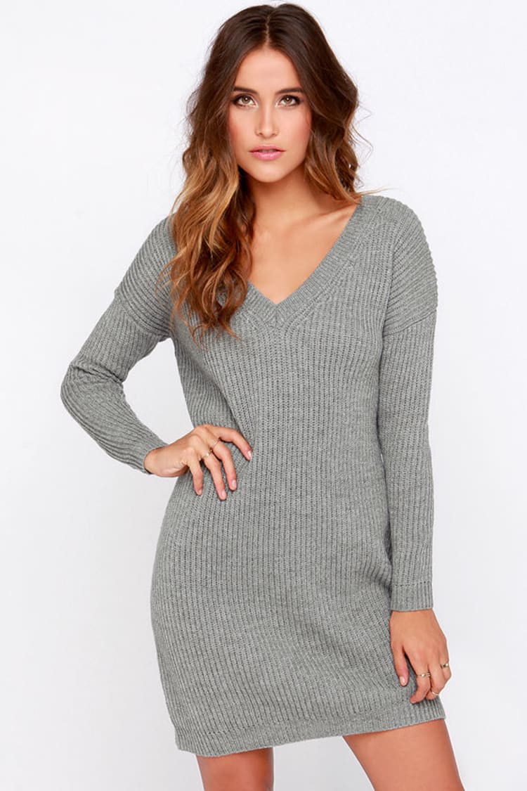 V Neck Knit Sweater Dress - Grey