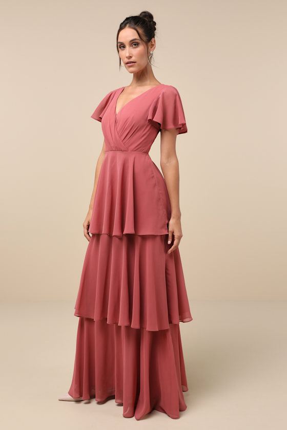 Sincerely Exquisite Rusty Rose Short Sleeve Tiered Maxi Dress