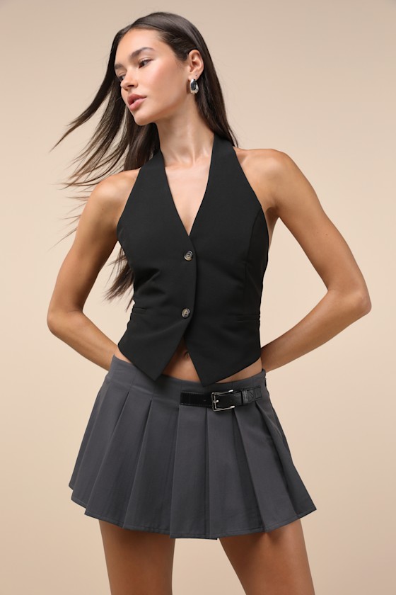 Trendsetting Cutie Charcoal Pleated Low Rise Micro Mini Skort