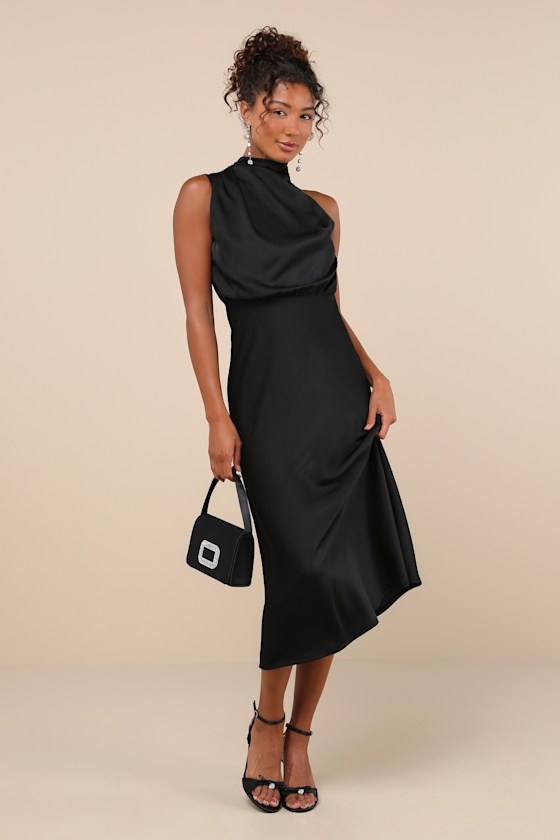 Image of Distinctive Charm Black Satin Asymmetrical Midi Dress