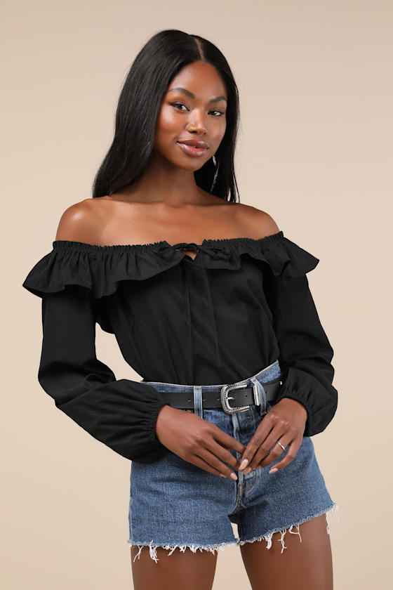 Black Ruffled Top Balloon Sleeve Top Off the Shoulder Top Lulus