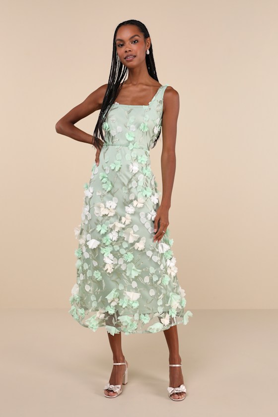 Elite Cutie Mint Green Mesh 3D Floral Embroidered Midi Dress