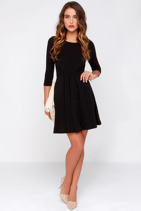 Cute Black Dress - Skater Dress - Long Sleeve Dress - $47.00