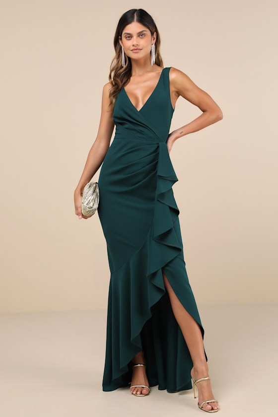 Lulus Pour The Champagne Ruffled Maxi Gown In Emerald Green SIZE shops XS