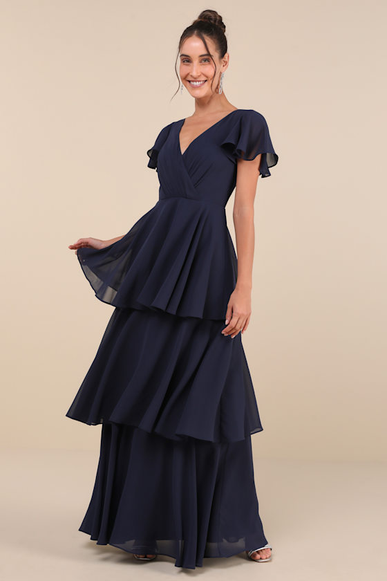 Navy Blue Tiered Dress - Maxi Dress - Surplice Maxi Dress - Lulus